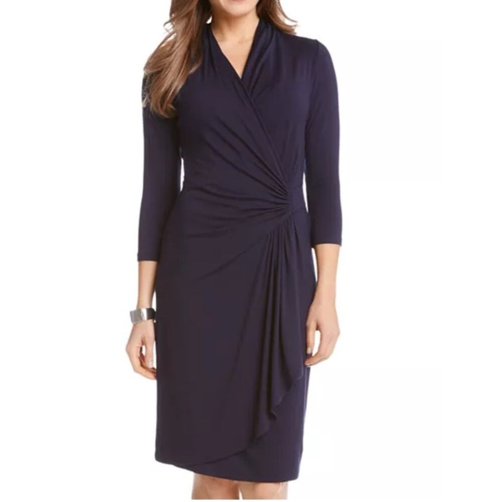 Karen Kane Cascade Faux Wrap Dress Sz S Navy 3/4 Sleeves Minimalist Career Chic